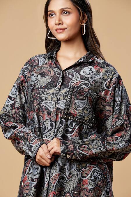 Buy Spring Break Blue Silk Embroidery Collared Paisley Print Shirt And Pant Set Online at Aza Fashions Buy_Spring Break_Blue Silk Embroidery Collared Paisley Print Shirt And Pant Set_Online_at_Aza_Fashions