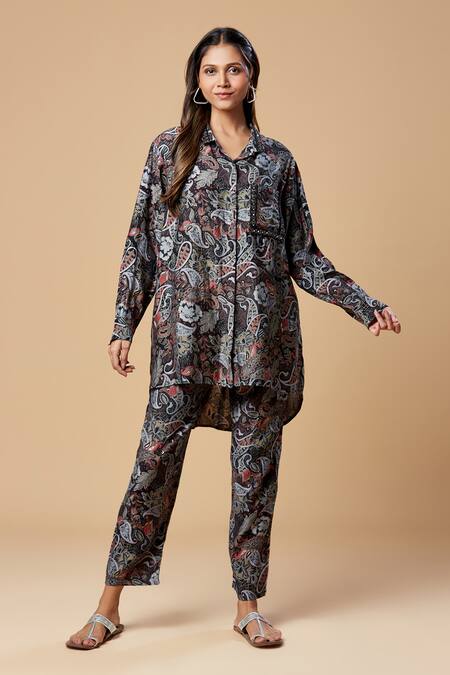 Shop Spring Break Blue Silk Embroidery Collared Paisley Print Shirt And Pant Set Online at Aza Fashions Shop_Spring Break_Blue Silk Embroidery Collared Paisley Print Shirt And Pant Set_Online_at_Aza_Fashions