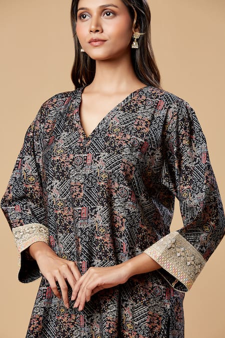 Shop_Spring Break_Black Silk Embroidery Collared Paisley Print Kurta And Pant Set _Online_at_Aza_Fashions