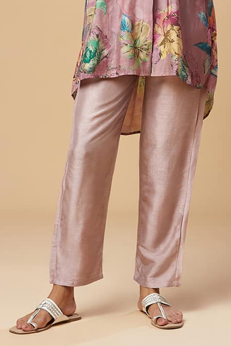 Spring Break_Purple Silk Embroidery Collared Floral Print Shirt And Pant Set _Online_at_Aza_Fashions