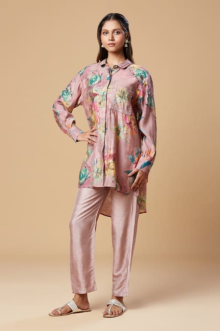 Buy_Spring Break_Purple Silk Embroidery Collared Floral Print Shirt And Pant Set _Online_at_Aza_Fashions