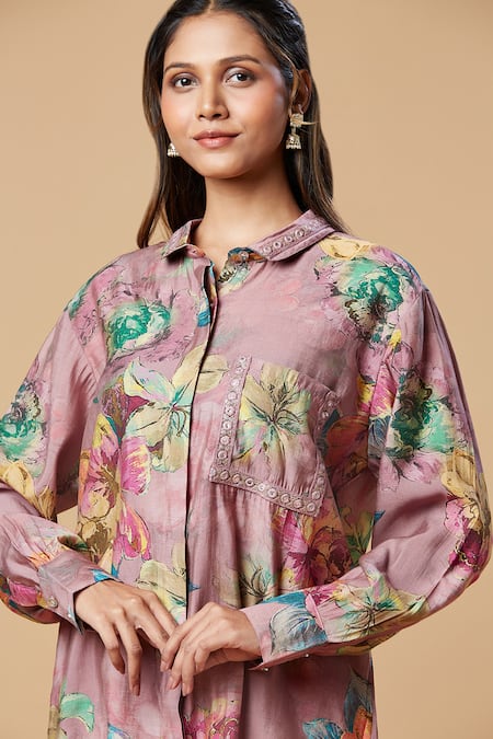 Shop_Spring Break_Purple Silk Embroidery Collared Floral Print Shirt And Pant Set _Online_at_Aza_Fashions