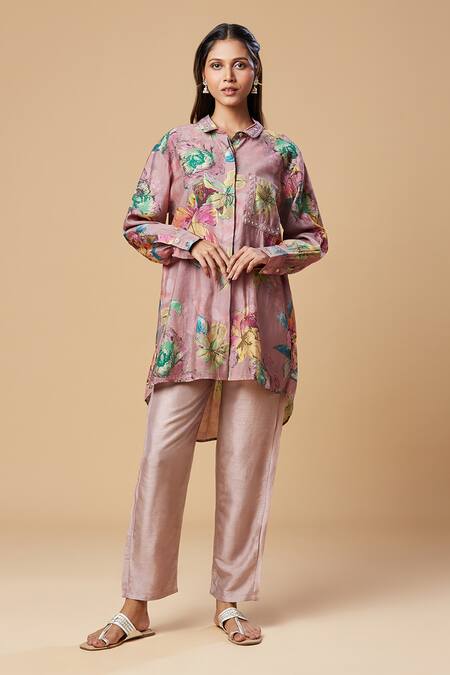 Spring Break_Purple Silk Embroidery Collared Floral Print Shirt And Pant Set _at_Aza_Fashions