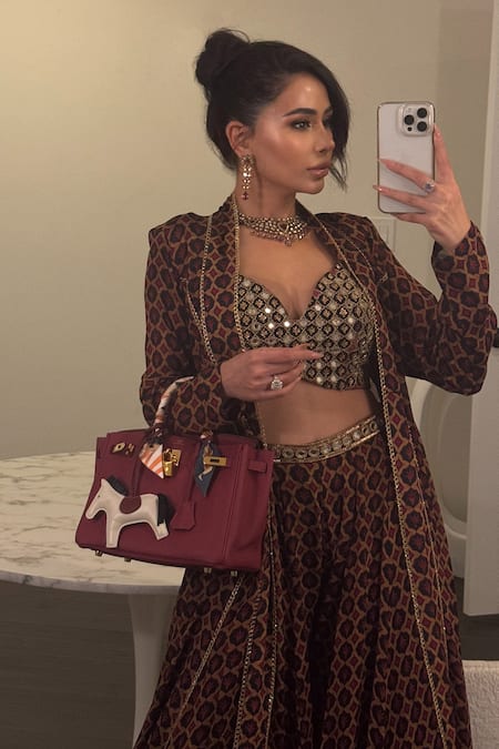 Buy_Neha Khullar_Black Crepe, Viscose Sequins, Beads, Geometric Motif Print Jacket Sharara Set 