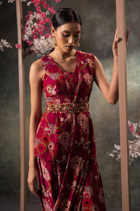 Mehak Murpana_Pink Crepe Beads, Embroidery V-neck Printed Peplum Top Dhoti Pant Set _Online_at_Aza_Fashions