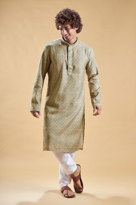 Arihant Rai Sinha Green Jacquard, Silk Embroidery Geometric Pattern Straight Kurta With Churidar 
