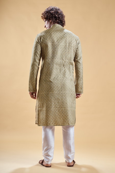 Shop_Arihant Rai Sinha_Green Jacquard, Silk Embroidery Geometric Pattern Straight Kurta With Churidar _at_Aza_Fashions