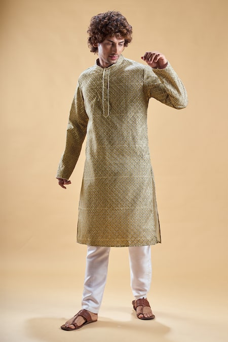 Arihant Rai Sinha_Green Jacquard, Silk Embroidery Geometric Pattern Straight Kurta With Churidar _Online_at_Aza_Fashions