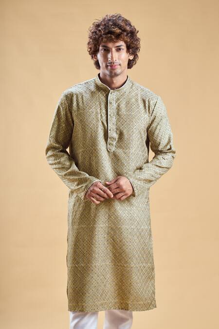 Buy_Arihant Rai Sinha_Green Jacquard, Silk Embroidery Geometric Pattern Straight Kurta With Churidar _Online_at_Aza_Fashions