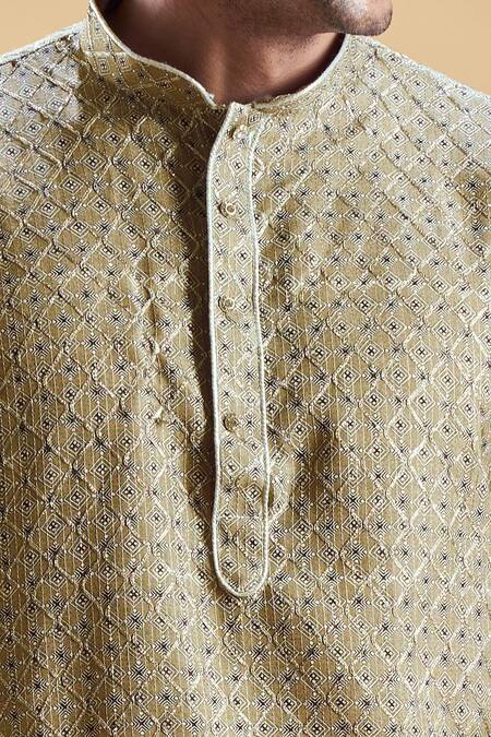 Shop_Arihant Rai Sinha_Green Jacquard, Silk Embroidery Geometric Pattern Straight Kurta With Churidar _Online_at_Aza_Fashions