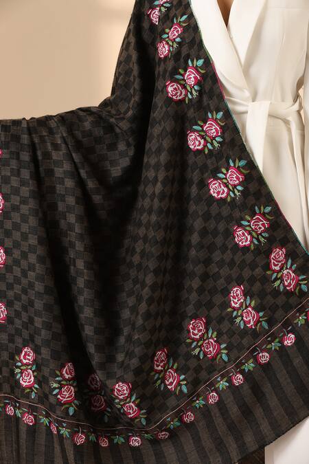 Dusala Brown Rishka Pashmina Gulaab Work Shawl Online at Aza Fashions Dusala_Brown Rishka Pashmina Gulaab Work Shawl _Online_at_Aza_Fashions