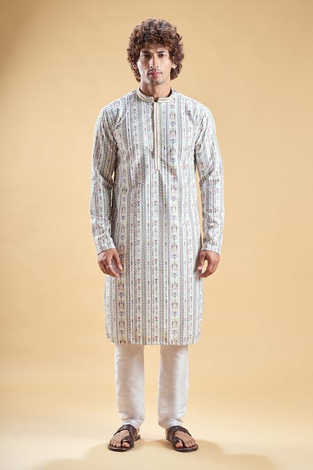 Arihant Rai Sinha_Multi Color Silk, Rayon Embroidery Geometric Stripe Print Kurta With Churidar _Online_at_Aza_Fashions