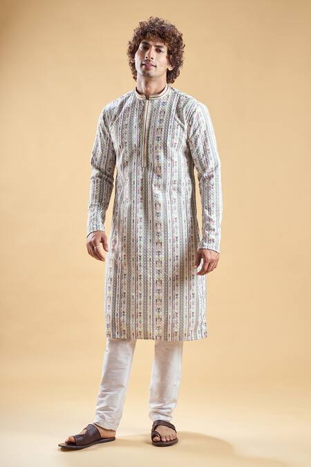 Buy_Arihant Rai Sinha_Multi Color Silk, Rayon Embroidery Geometric Stripe Print Kurta With Churidar _Online_at_Aza_Fashions