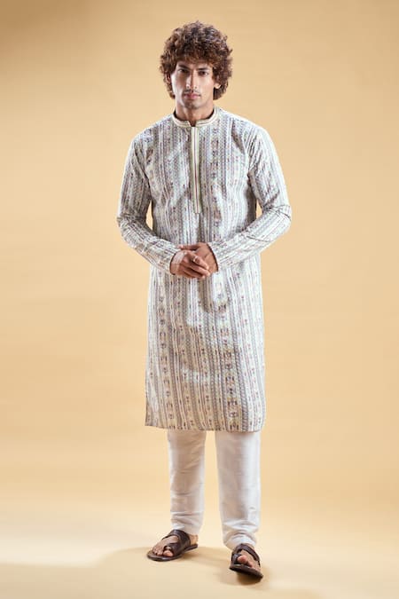 Shop_Arihant Rai Sinha_Multi Color Silk, Rayon Embroidery Geometric Stripe Print Kurta With Churidar _Online_at_Aza_Fashions