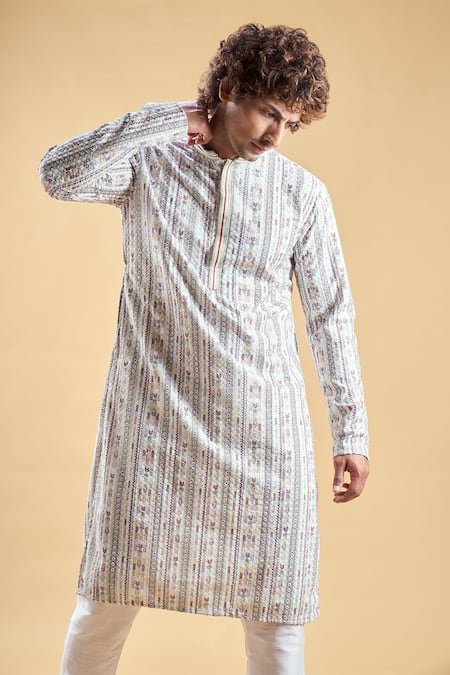Arihant Rai Sinha_Multi Color Silk, Rayon Embroidery Geometric Stripe Print Kurta With Churidar _at_Aza_Fashions