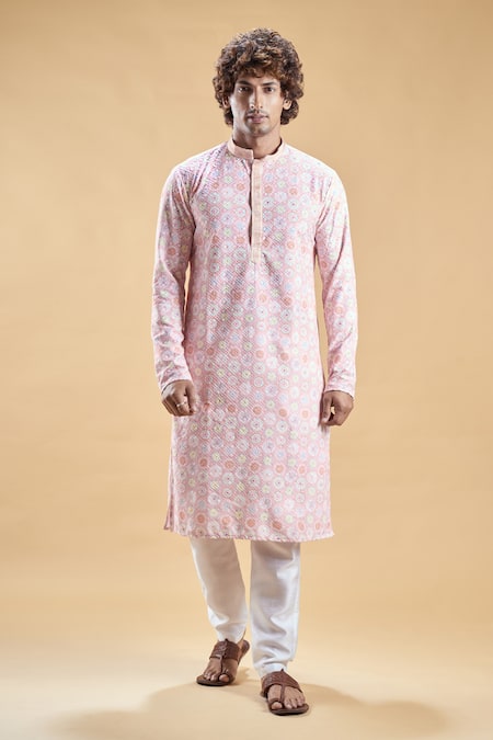 Buy_Arihant Rai Sinha_Pink Silk, Rayon Embroidery Geometric Print Kurta With Churidar _Online_at_Aza_Fashions