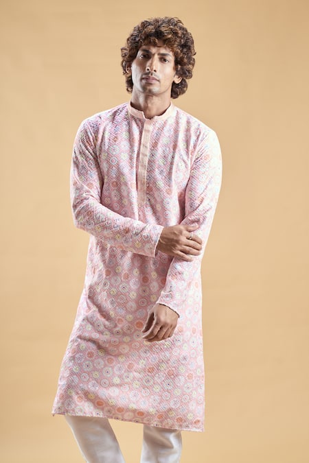 Arihant Rai Sinha_Pink Silk, Rayon Embroidery Geometric Print Kurta With Churidar _at_Aza_Fashions