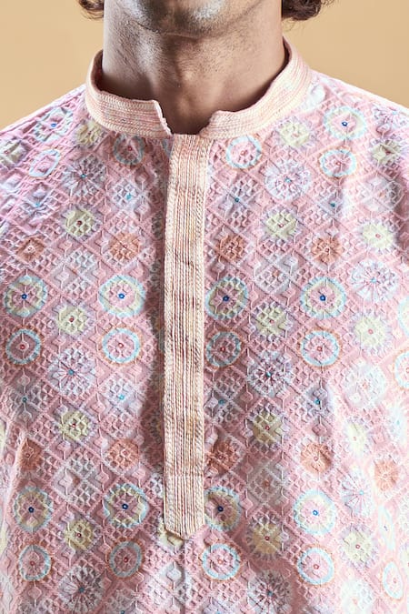 Buy_Arihant Rai Sinha_Pink Silk, Rayon Embroidery Geometric Print Kurta With Churidar 