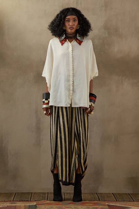 Buy Aseem Kapoor Beige Silk, Crepe Embroidery Collared Mandala Shirt With Draped Pant Online at Aza Fashions Buy_Aseem Kapoor_Beige Silk, Crepe Embroidery Collared Mandala Shirt With Draped Pant _Online_at_Aza_Fashions
