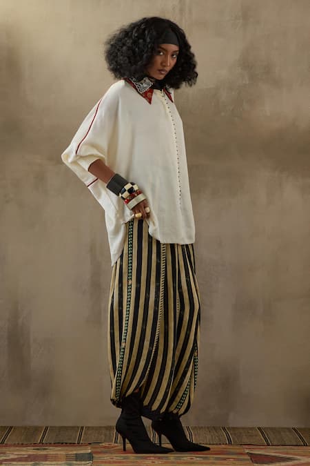 Shop Aseem Kapoor Beige Silk, Crepe Embroidery Collared Mandala Shirt With Draped Pant Online at Aza Fashions Shop_Aseem Kapoor_Beige Silk, Crepe Embroidery Collared Mandala Shirt With Draped Pant _Online_at_Aza_Fashions