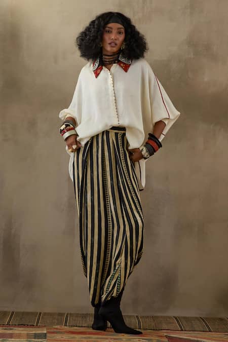 Aseem Kapoor Beige Silk, Crepe Embroidery Collared Mandala Shirt With Draped Pant at Aza Fashions Aseem Kapoor_Beige Silk, Crepe Embroidery Collared Mandala Shirt With Draped Pant _at_Aza_Fashions