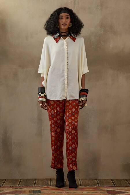 Aseem Kapoor Beige Silk, Satin Embroidery Collared Mandala Shirt With Printed Trouser Online at Aza Fashions Aseem Kapoor_Beige Silk, Satin Embroidery Collared Mandala Shirt With Printed Trouser _Online_at_Aza_Fashions