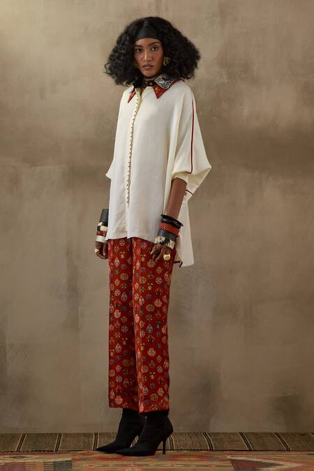 Buy Aseem Kapoor Beige Silk, Satin Embroidery Collared Mandala Shirt With Printed Trouser Online at Aza Fashions Buy_Aseem Kapoor_Beige Silk, Satin Embroidery Collared Mandala Shirt With Printed Trouser _Online_at_Aza_Fashions