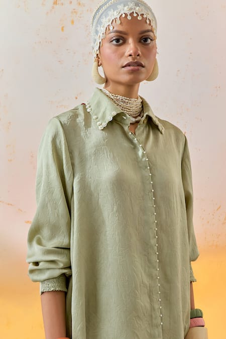 Shop Aseem Kapoor Green Crepe Beads Collared Atri Straight Shirt at Aza Fashions Shop_Aseem Kapoor_Green Crepe Beads Collared Atri Straight Shirt _at_Aza_Fashions