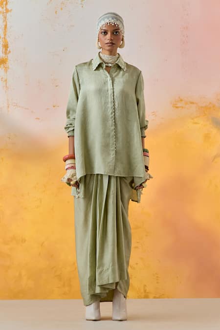 ASEEM KAPOOR Beaded Collar Silk Shirt & Skirt 