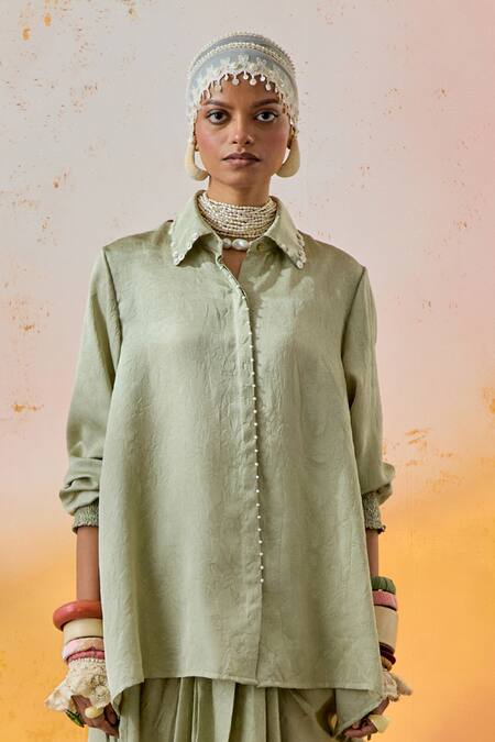 Aseem Kapoor Green Silk Beads Collared Shirt And Skirt Online at Aza Fashions Aseem Kapoor_Green Silk Beads Collared Shirt And Skirt _Online_at_Aza_Fashions