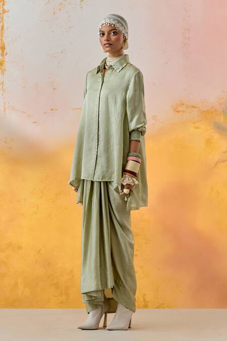 Buy Aseem Kapoor Green Silk Beads Collared Shirt And Skirt Online at Aza Fashions Buy_Aseem Kapoor_Green Silk Beads Collared Shirt And Skirt _Online_at_Aza_Fashions