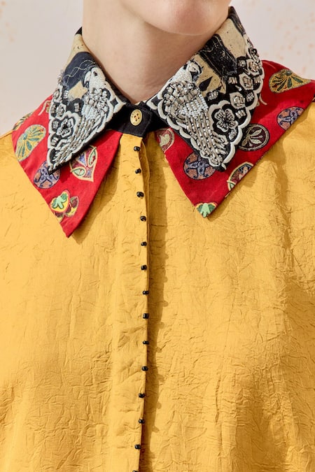 Aseem Kapoor Yellow Crepe Embroidery Collared Mandala Shirt Online at Aza Fashions Aseem Kapoor_Yellow Crepe Embroidery Collared Mandala Shirt _Online_at_Aza_Fashions
