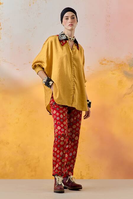 Aseem Kapoor Yellow Silk, Satin Embroidery Collared Mandala Shirt With Trouser Online at Aza Fashions Aseem Kapoor_Yellow Silk, Satin Embroidery Collared Mandala Shirt With Trouser _Online_at_Aza_Fashions