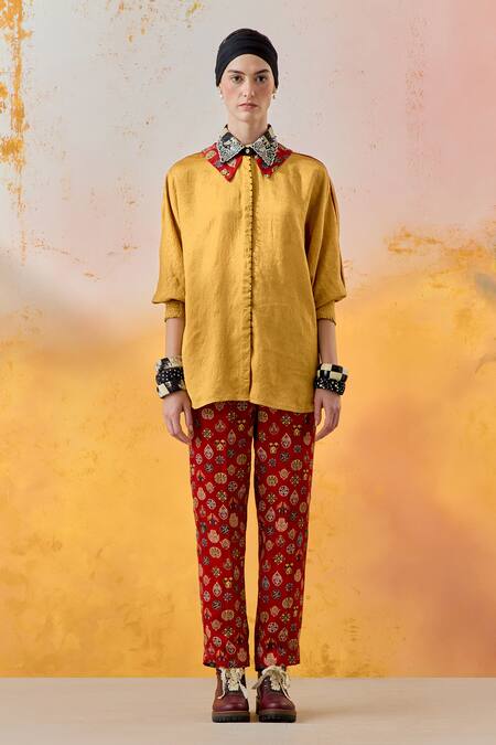 Buy Aseem Kapoor Yellow Silk, Satin Embroidery Collared Mandala Shirt With Trouser Online at Aza Fashions Buy_Aseem Kapoor_Yellow Silk, Satin Embroidery Collared Mandala Shirt With Trouser _Online_at_Aza_Fashions