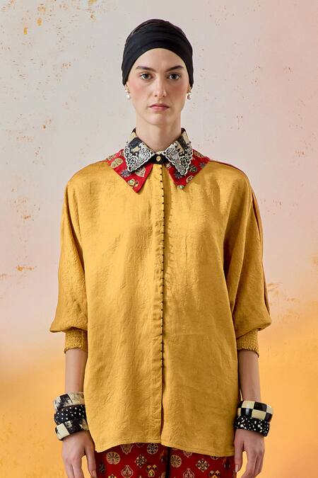 Shop Aseem Kapoor Yellow Silk, Satin Embroidery Collared Mandala Shirt With Trouser Online at Aza Fashions Shop_Aseem Kapoor_Yellow Silk, Satin Embroidery Collared Mandala Shirt With Trouser _Online_at_Aza_Fashions