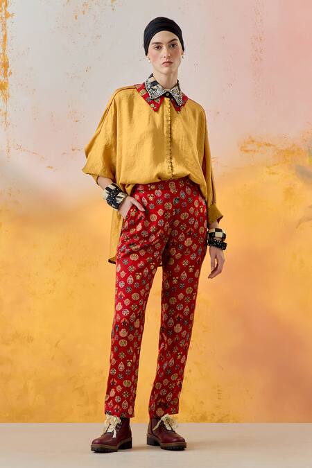 Shop Aseem Kapoor Yellow Silk, Satin Embroidery Collared Mandala Shirt With Trouser Shop_Aseem Kapoor_Yellow Silk, Satin Embroidery Collared Mandala Shirt With Trouser