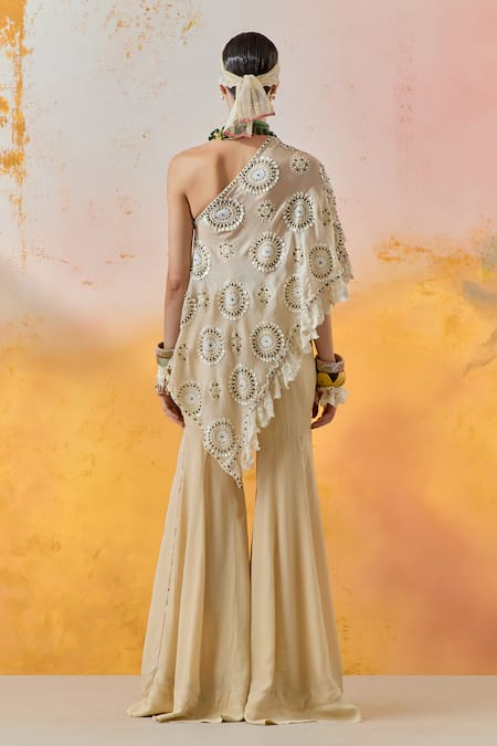 Shop Aseem Kapoor Beige Silk, Crepe Beads, Sequins, Lace Rasa Embroidered Top With Flared Trouser at Aza Fashions Shop_Aseem Kapoor_Beige Silk, Crepe Beads, Sequins, Lace Rasa Embroidered Top With Flared Trouser _at_Aza_Fashions