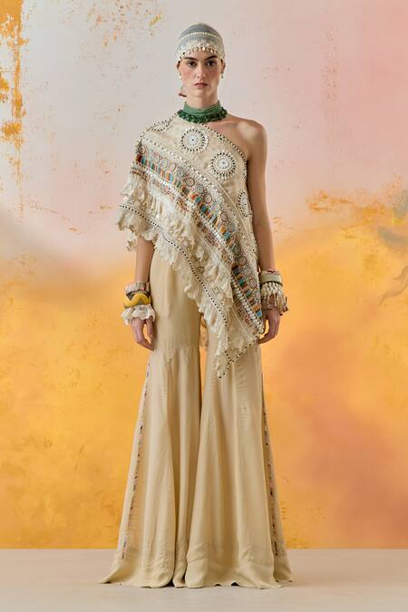 Aseem Kapoor Beige Silk, Crepe Beads, Sequins, Lace Rasa Embroidered Top With Flared Trouser Online at Aza Fashions Aseem Kapoor_Beige Silk, Crepe Beads, Sequins, Lace Rasa Embroidered Top With Flared Trouser _Online_at_Aza_Fashions