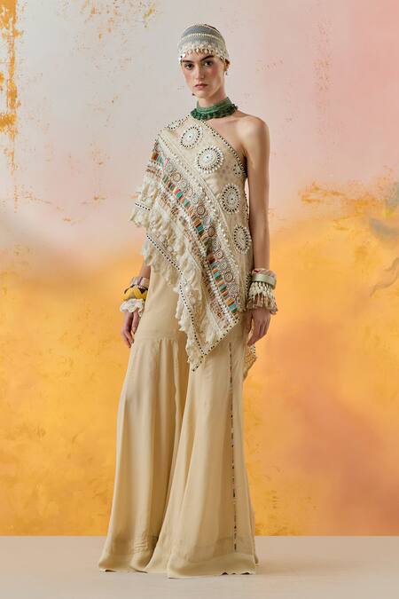 Buy Aseem Kapoor Beige Silk, Crepe Beads, Sequins, Lace Rasa Embroidered Top With Flared Trouser Online at Aza Fashions Buy_Aseem Kapoor_Beige Silk, Crepe Beads, Sequins, Lace Rasa Embroidered Top With Flared Trouser _Online_at_Aza_Fashions