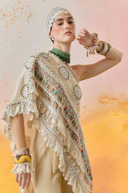 Shop Aseem Kapoor Beige Silk, Crepe Beads, Sequins, Lace Rasa Embroidered Top With Flared Trouser Online at Aza Fashions Shop_Aseem Kapoor_Beige Silk, Crepe Beads, Sequins, Lace Rasa Embroidered Top With Flared Trouser _Online_at_Aza_Fashions
