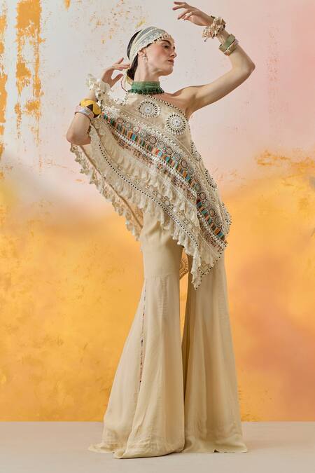 Aseem Kapoor Beige Silk, Crepe Beads, Sequins, Lace Rasa Embroidered Top With Flared Trouser at Aza Fashions Aseem Kapoor_Beige Silk, Crepe Beads, Sequins, Lace Rasa Embroidered Top With Flared Trouser _at_Aza_Fashions