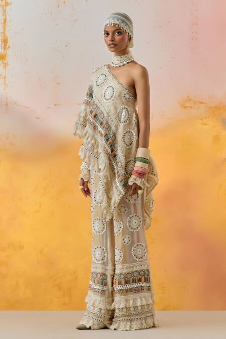 Aseem Kapoor Beige Silk Sequins, Beads Asymmetric Rasa Embroidered Top With Bootleg Trouser Online at Aza Fashions Aseem Kapoor_Beige Silk Sequins, Beads Asymmetric Rasa Embroidered Top With Bootleg Trouser _Online_at_Aza_Fashions