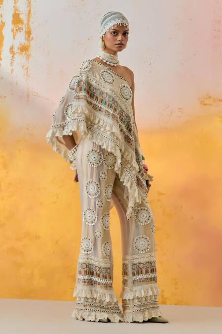 Buy Aseem Kapoor Beige Silk Sequins, Beads Asymmetric Rasa Embroidered Top With Bootleg Trouser Online at Aza Fashions Buy_Aseem Kapoor_Beige Silk Sequins, Beads Asymmetric Rasa Embroidered Top With Bootleg Trouser _Online_at_Aza_Fashions
