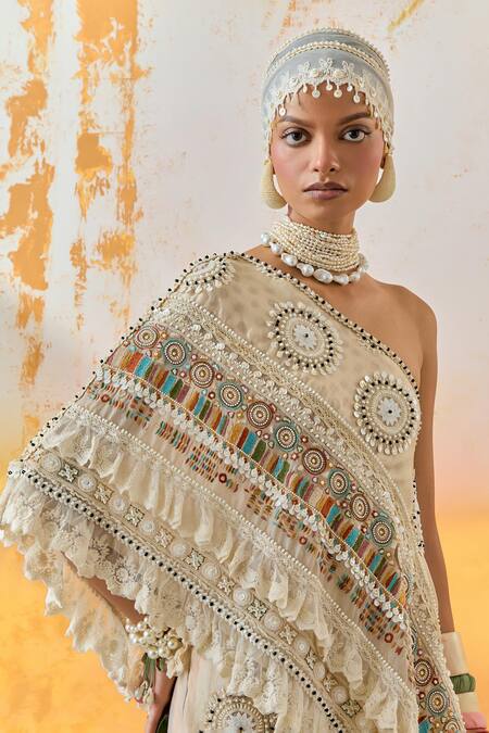 Shop Aseem Kapoor Beige Silk Sequins, Beads Asymmetric Rasa Embroidered Top With Bootleg Trouser Online at Aza Fashions Shop_Aseem Kapoor_Beige Silk Sequins, Beads Asymmetric Rasa Embroidered Top With Bootleg Trouser _Online_at_Aza_Fashions