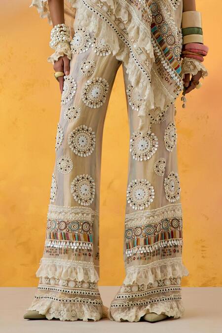 Aseem Kapoor Beige Silk Sequins, Beads Asymmetric Rasa Embroidered Top With Bootleg Trouser at Aza Fashions Aseem Kapoor_Beige Silk Sequins, Beads Asymmetric Rasa Embroidered Top With Bootleg Trouser _at_Aza_Fashions