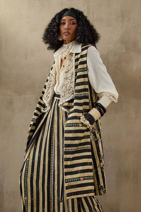 Aseem Kapoor Black Twill Tassels, Beads Open Neck Hina Structured Stripe Print Jacket Online at Aza Fashions Aseem Kapoor_Black Twill Tassels, Beads Open Neck Hina Structured Stripe Print Jacket _Online_at_Aza_Fashions