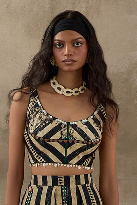 Buy Aseem Kapoor Black Cotton, Silk Beads, Tassels Scoop Neck Kalpa Geometric Print Top Online at Aza Fashions Buy_Aseem Kapoor_Black Cotton, Silk Beads, Tassels Scoop Neck Kalpa Geometric Print Top _Online_at_Aza_Fashions