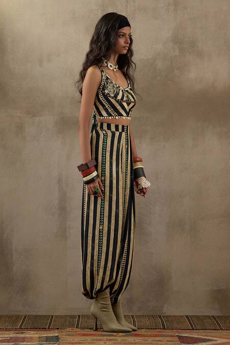 Aseem Kapoor Black Cotton, Silk Beads, Tassels Scoop Neck Kalpa Geometric Print Top at Aza Fashions Aseem Kapoor_Black Cotton, Silk Beads, Tassels Scoop Neck Kalpa Geometric Print Top _at_Aza_Fashions