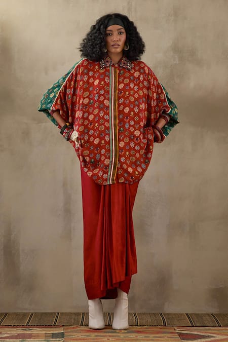 ASEEM KAPOOR Red Shirt Natural Crepe Print Mandala Butti Collared Neck Embroidered Set 