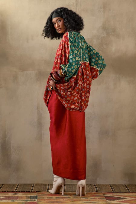 Shop Aseem Kapoor Red Silk Embroidery, Beads Collared Mandala Butti Shirt Set at Aza Fashions Shop_Aseem Kapoor_Red Silk Embroidery, Beads Collared Mandala Butti Shirt Set _at_Aza_Fashions